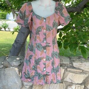Pink Linen/cotton dress with palm print